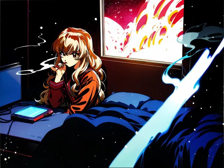 taiga aisaka smoking a cigarette looking out the window in a bedroom, (night), winter, (neon lights), vhs, vintage, manga style,...