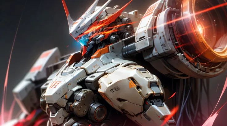 a beautiful game cg with doomsday theme a as the main body，this is a light black and light white mech，its hands hold a broad hea...