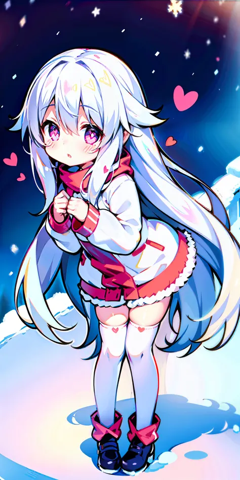 loli, long hair, cute, heart-shaped pupils, solo, white hair, blush, winter, snow, outdoors, white stockings, standing