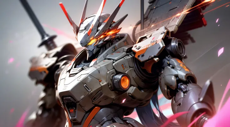 a beautiful game cg with doomsday theme a as the main body，this is a light black and light white mech，its hands hold a broad hea...