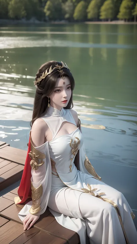 arad woman in a red dress sitting on a dock by the lake, a photorealistic painting inspired by du qiong, trend of cgsociety, fan...