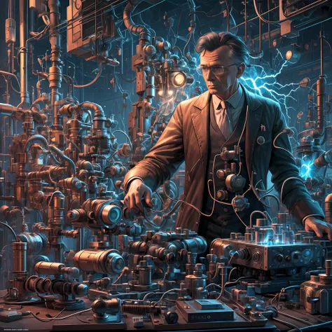 scene description: the genius inventor, nikola tesla, is situated in a 2023-modernized laboratory brimming with advanced technol...