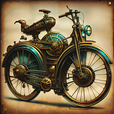 (steampunkai swoon), uma bicicleta de lado em estilo steampunk, (cores,colouring,32 k),usa ,super detalhado,