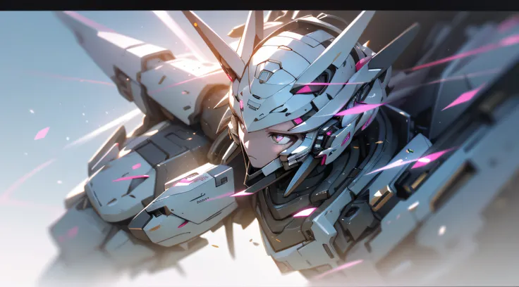 ((best quality)), ((masterpiece)), (detailed:1.4), 3d,mechs，in pink，vibrant with colors， a beautiful cyberpunk female figure，thi...