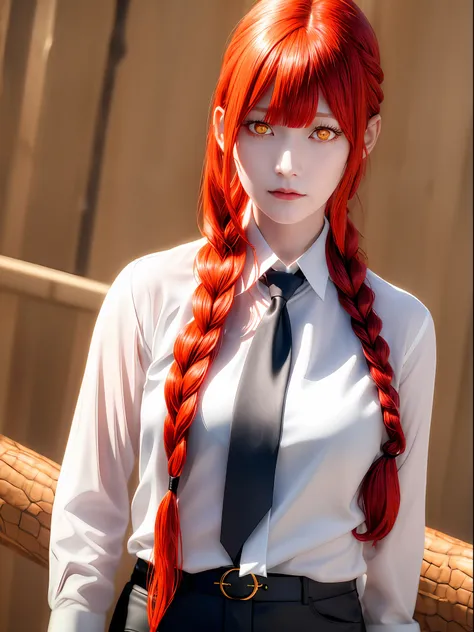 masterpiece, (photorealistic:1.4), best quality, beautiful lighting,
(ulzzang-6500:0.5), makima (chainsaw man), (red hair)+(long braided hair)+(bangs), yellow eyes, golden eyes, ((ringed eyes)), (white shirt), (necktie),
RAW photo, 8k uhd, film grain