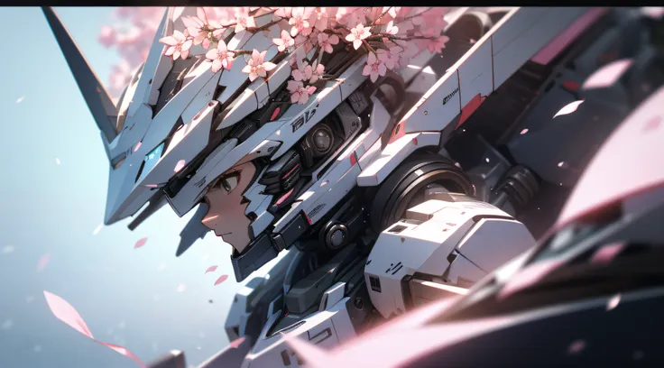 ((best quality)), ((masterpiece)), (detailed:1.4), 3d,mechs，in pink，vibrant with colors，cherry blossom petals float to zero， a b...