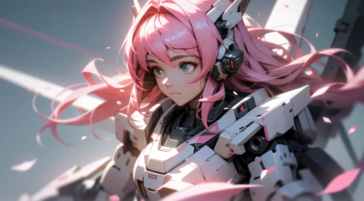 ((best quality)), ((masterpiece)), (detailed:1.4), 3d,mechs，pink long hair，vibrant with colors，cherry blossom petals float to ze...