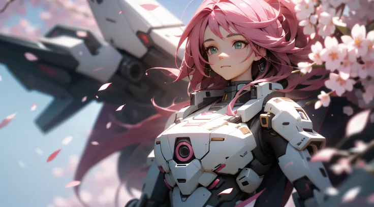 ((best quality)), ((masterpiece)), (detailed:1.4), 3d,mechs，pink long hair，vibrant with colors，cherry blossom petals float to ze...