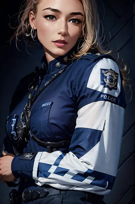 photo of a police woman, police station, police uniform, black stockings, hd, 8k, (intricate details, hyperdetailed:1.15) (skin texture:1.2), ((masterpiece)), (high quality), (best quality), (detailed), hd, perfect lighting, detailed face, detailed body
