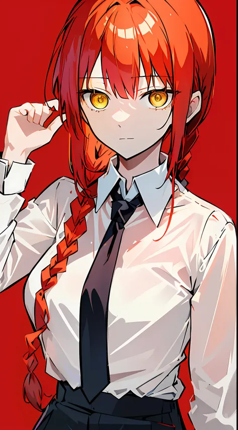 (((masterpiece))), best quality, 1girl, yellow eyes, ((white collared shirt)), red hair, braided hair, 1braid, ringed eyes, simple background, black necktie, Makima, makima (chainsaw man), looking at viewer, solo, upper body