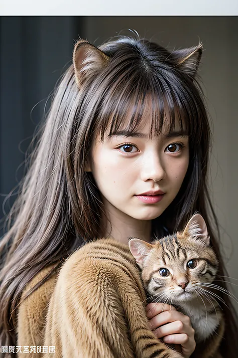 (8k,RAW photos,best qualtiy,tmasterpiece:1.2),highdetailRAWcolorphoto,profesional photo,(realisticlying,photograph realistic:1.37),cinematric light,1girll,Hold the tanuki cat in both hands on the chest。