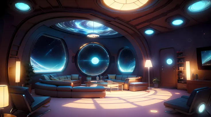 1970 retro futuristic living room,inside in room,Warm lighting,Large-scale TV series,Lazy sofa,carpets,Rooftop starry sky projection,Indoor water feature,Authentic texture,Best quality,(Masterpiece),super ultra detail。Sunny and sunny