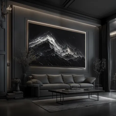 new realism, black light painting, acrylic painting, ash gray wall, dark fantasy interior design, living room plan of elegance a...