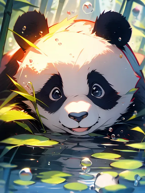 1 cute panda, closeup face, portrait, furry, leaves, no man, water, blisters, bubbles, more details, saturated colors, endearing...