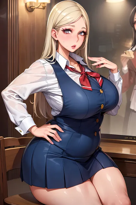 "(A perfect masterpiece:1.2), (the best quality:1.2), stunning face, schoolgirl uniform, mature and chubby, big pupils, bright eyes, makeup, long and luxurious eyelashes, full lips, irresistible charisma."