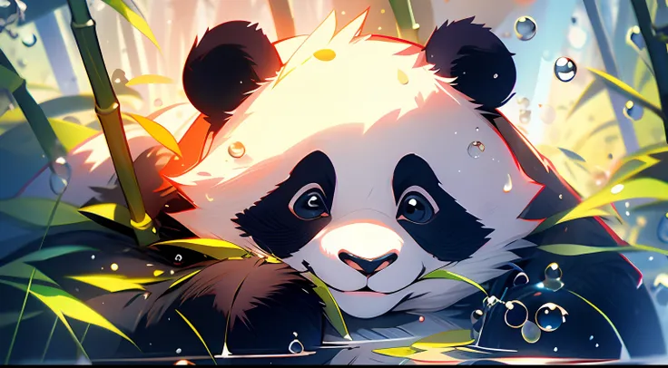 1 cute panda, closeup face, portrait, furry, leaves, no man, water, blisters, bubbles, more details, saturated colors, endearing...