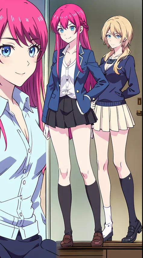 shikimori, slim legs, beautiful eyes, blue eyes, happy, pink hair, long hair, cleavage, short skirt, thigh high socks, school uniform