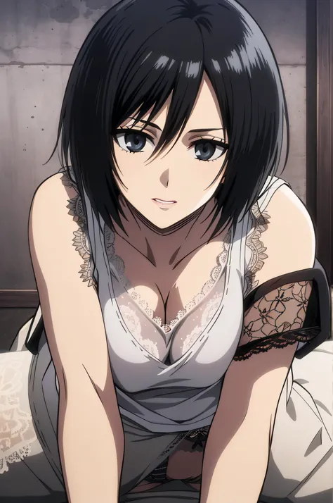 1girl in, mikasa ackerman, (black hair:1.3), hair between the eyes, short hair, gray eyes, gentle lips, undersized breasts 、masu...