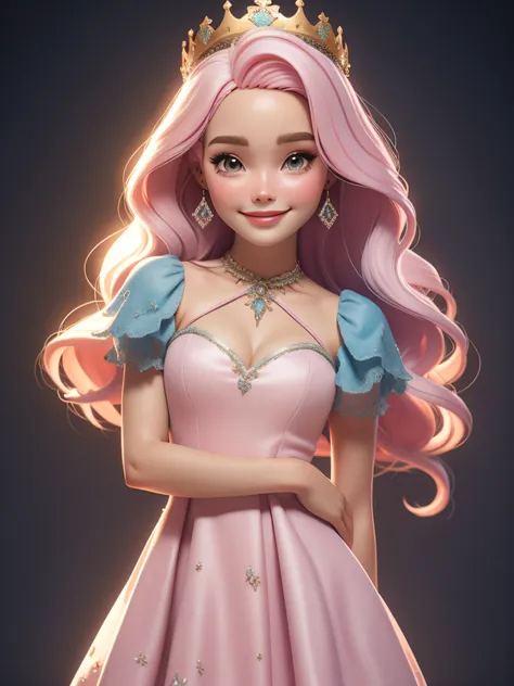 dynamic lighting, a barbie princess wearing a lovely pink dress, wearing a beautiful crown, in the pink fairy castle, pink hair,...