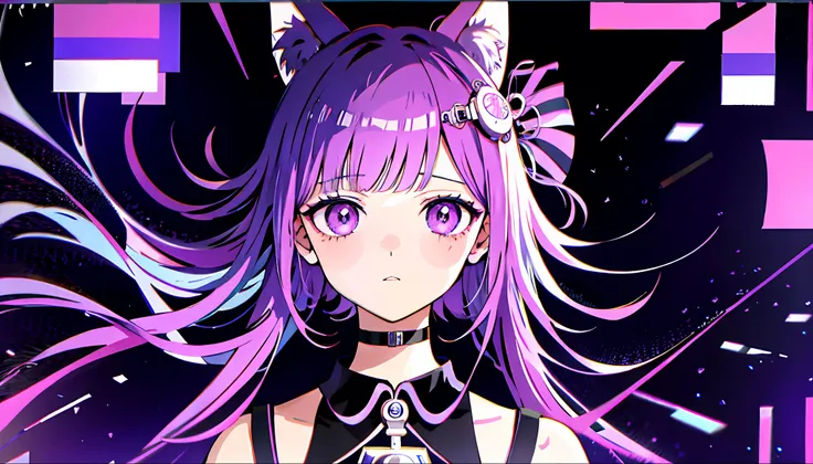 uma menina com uma orelha de gato e um fundo roxo, arte digital de danganronpa, gato anime, anime cyberpunk moderno, anime cyber...