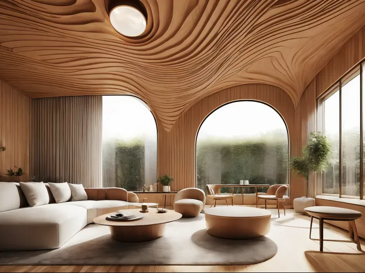 great cozy contemporary living room with wooden waving style, (photo realistic:1.2)，crazy detailed wide angle architectural phot...