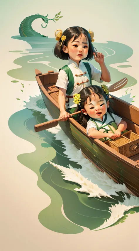 dragon boat festival poster。a super happy and cute ancient chinese little girl，rowing，phragmites，dragon boating，brightened light...