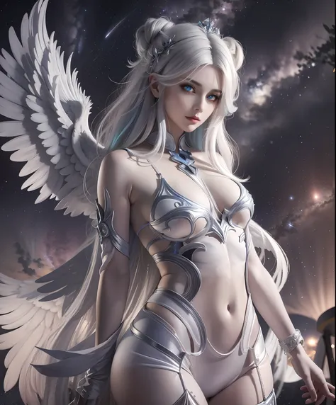 Realistic professional photos with super detail，full-shot，full bodyesbian，Straight lens，one-girl，Blue hair，eBlue eyes，long whitr hair，big round breasts，afloat，posing on a，Stand sideways，Rounded ass，Straight ass，power pose，The halo，Angel wings，Arrogant eyes...