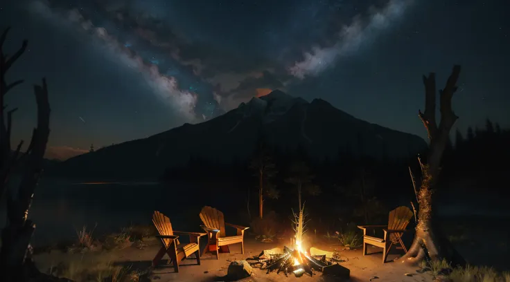 there are three chairs around the campfire，the background is a mountain, at a campfire at night, outdoors at night, campfire in ...