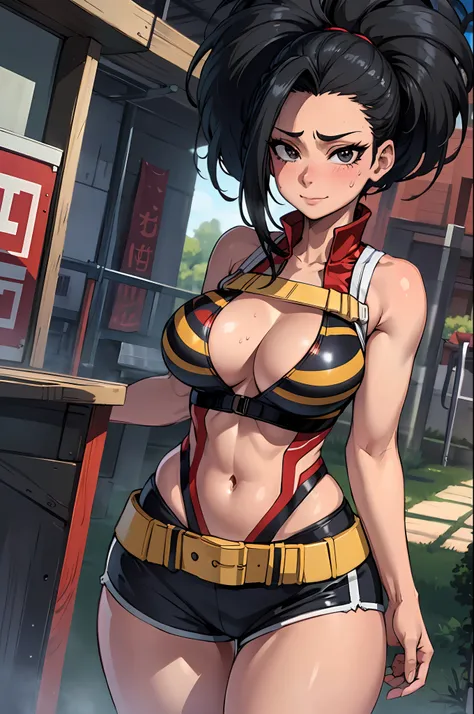 (tmasterpiece, beste-Qualit: 1.2), Cowboy shot, 独奏, 1girl, yaoyorozu momo, black hair, ssmile, closed mouth, looks at the viewer, Sporty Tiger Top, Short shorts, 鎖骨, décolleté, wide thighs, big breastes, epic perspective, the sweat, Erotica, sweat drops,