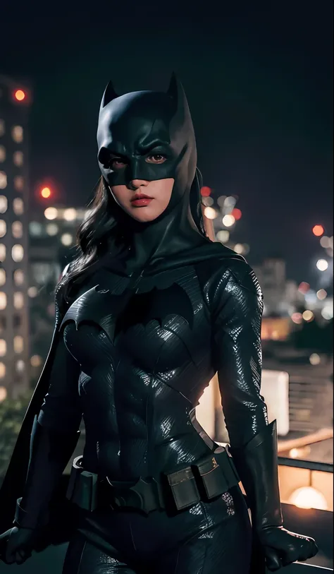 mini(ttp), (8k, foto RAW, melhor qualidade, obra-prima: 1.2), fundo noturno da cidade, fundo limpo, profundidade de campo, batgirl armadura dourada, olhos azuis, cabelo ruivo