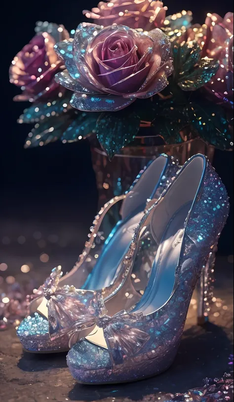 Crystal shoes and crystal roses, fanciful, galaxias, cleanness, glittery, glittery, Splendor, Colorful, Amazing photography, dramatic lighting, photo-realism, ultra - detailed, 4K, depth of fields, A high resolution