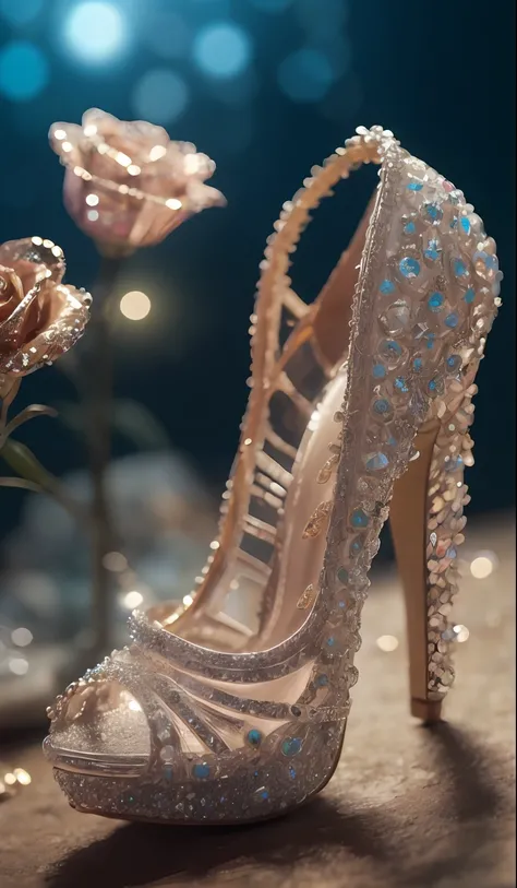 Crystal shoes and crystal roses, fanciful, galaxias, cleanness, glittery, glittery, Splendor, Colorful, Amazing photography, dramatic lighting, photo-realism, ultra - detailed, 4K, depth of fields, A high resolution