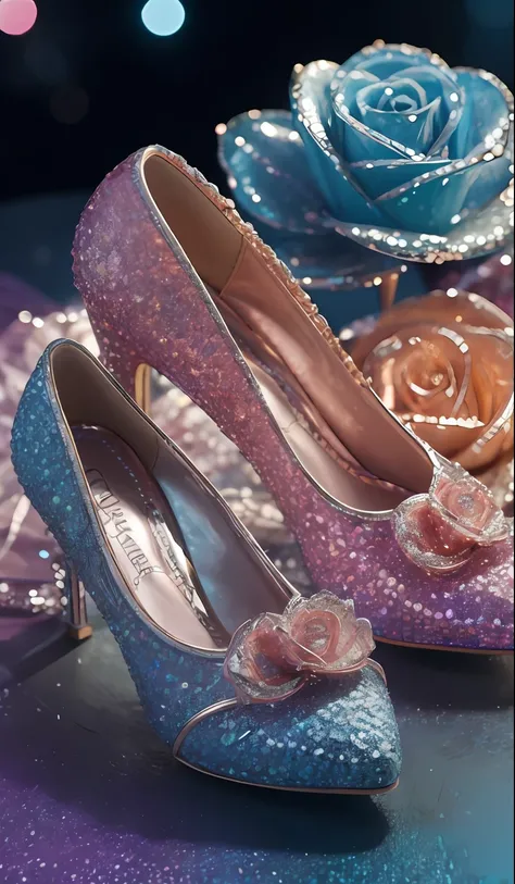 Crystal shoes and crystal roses, fanciful, galaxias, cleanness, glittery, glittery, Splendor, Colorful, Amazing photography, dramatic lighting, photo-realism, ultra - detailed, 4K, depth of fields, A high resolution
