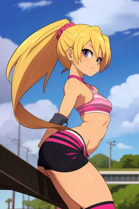 GameGirl , (blonde ponytail) with pink streak highlights, 80s anime style, (flat chest), thighs, hips, small waist, riding a bike in the city, biker shorts, from the side, bikini top, cloudy day, near train tracks, cartoon