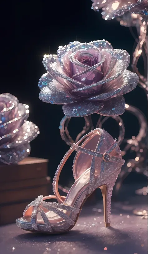 Crystal shoes and crystal roses, fanciful, galaxias, cleanness, glittery, glittery, Splendor, Colorful, Amazing photography, dramatic lighting, photo-realism, ultra - detailed, 4K, depth of fields, A high resolution