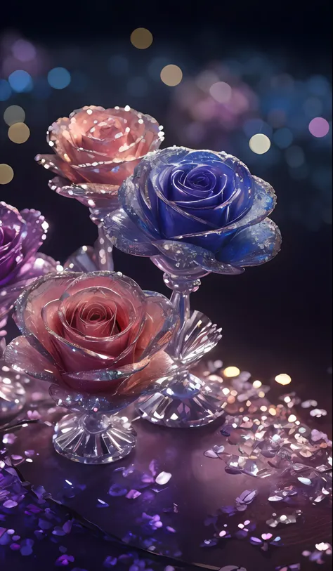 Crystal shoes and crystal roses, fanciful, galaxias, cleanness, glittery, glittery, Splendor, Colorful, Amazing photography, dramatic lighting, photo-realism, ultra - detailed, 4K, depth of fields, A high resolution