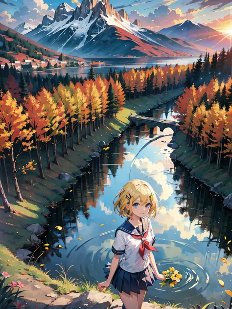 (masterpiece:1.3),(best quality),(ultra-detailed),1girl,8k,semi-realistic,4k,RTX,shaders,brilliant texture work, standing in the river ,sunset,clouds,mountains,trees, yellow hair, blue eyes, 16 years old,smile, short hair, school uniform, hairpin,sunset vi...