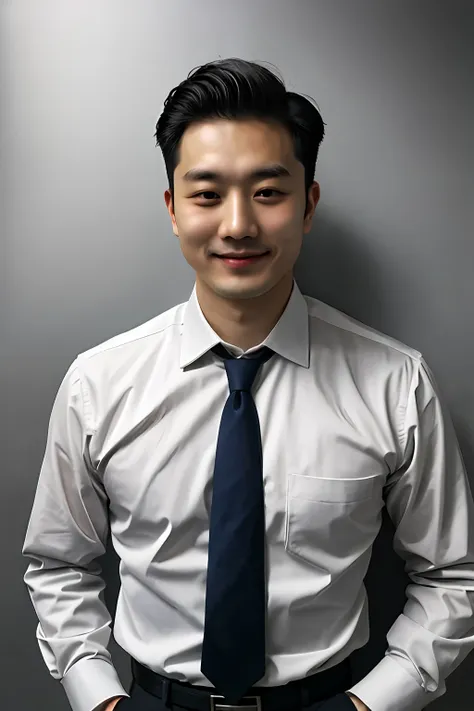 （office backdrop）zhang qiang, 30 age old, project manager。he wears a dark suit, wear yours with a white shirt and dark tie。his h...