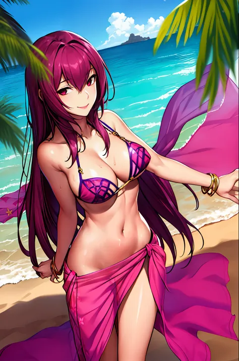 scathach, bikini , masterpiece, best quality, absurdres, 1girl, standing, beach, looking at viewer, smile, (pink sarong:1.3), co...