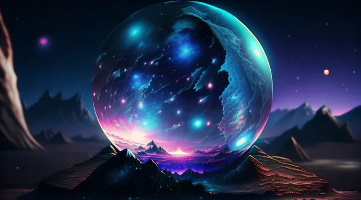 close-up of a rock crystal ball in the middle of a mountain, fantasy planet, astral background, large planets in the background,...