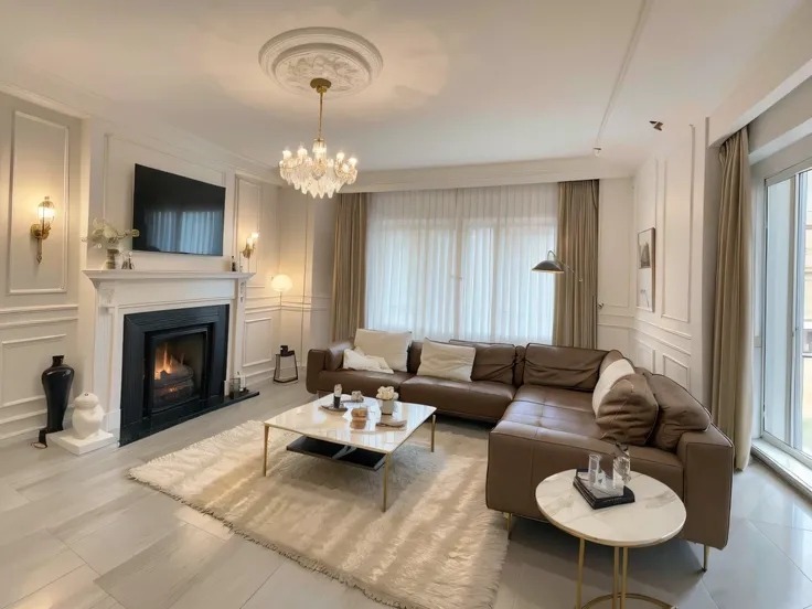 ,masterpiece, best quality,8k, ultra highres,Reallightandshadow,Step into the living room,The gorgeous and palatial décor will leave you in awe。The velvet sofa is as comfortable as sitting on a cloud,The flaming fireplace exudes a warm atmosphere。The displ...