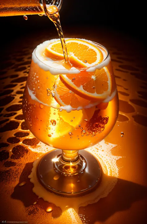 nothing background，water splashed into a glass of beer，beer orange，the orange，realisticlying，photorealestic，amazing food photogr...