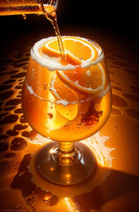 nothing background，water splashed into a glass of beer，beer orange，the orange，realisticlying，photorealestic，amazing food photogr...