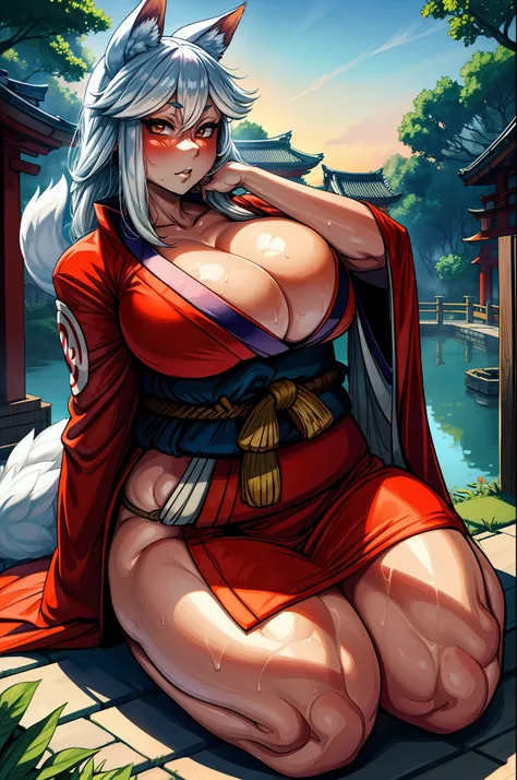 kitsune, sweat, huge breasts, thick thighs, sweat, drunk, kimono, pond, sunset, japanese pagoda