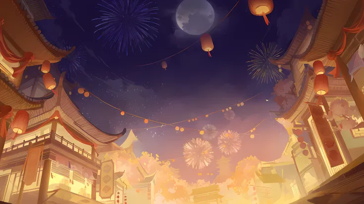 ancient lantern festival，house，rays of moonlight，lamplight，lanterns，fire works，themoon，（tmasterpiece，the best quality，cg is very...