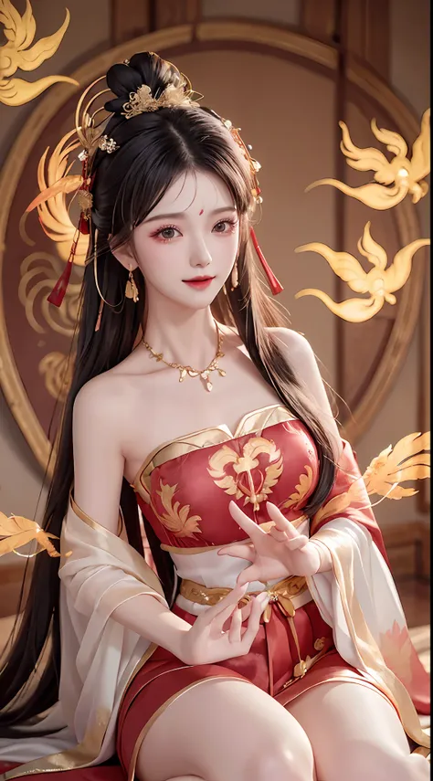 black color hair（（loose chinese antique hairstyle，floral hair ornaments，wearing a white sheer silk shirt with large sleeves，glos...