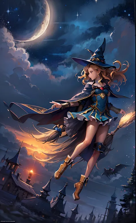 masterpiece, best quality, ultra-detailed, illustration, 1girl, solo, fantasy, flying, broom, night sky, outdoors, magic, spells, moon, stars, clouds, wind, hair, cape, hat, boots, broomstick, glowing, mysterious, enchanting, whimsical, playful, adventurou...