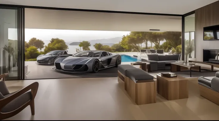 (in 8K, Raw photo, Best Quality, masutepiece:1.2), (Realistic, Photorealsitic:1.37),Living room of Celebrity House、One cool sports car is on display in a glass-enclosed showcase、Man drinking coffee while watching it、Large sofa、Luxurious lighting、Modern Fur...