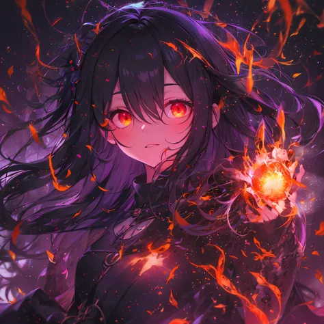 1girl, black hair, red eyes, fire witch, blood, light particles, light rays, wallpaper, high contrast, colorful