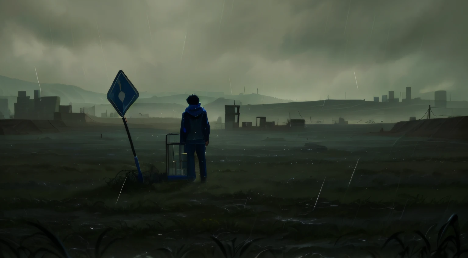 phblue, no humans, landscape, (masterpiece, best quality:1.4), blue theme, playing field , small hills, 1boy, raining, cowboy sh...